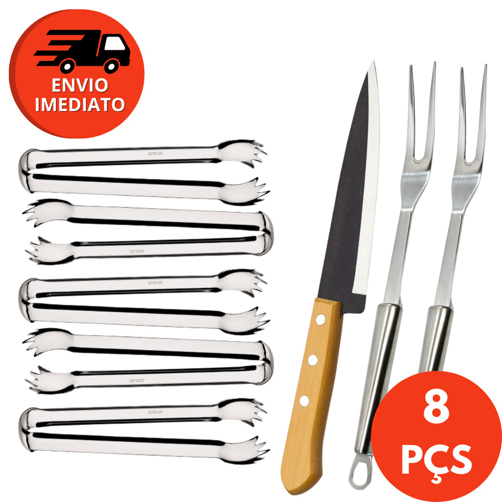 Kit Churrasco 08 UN: Garfo Trinchante Inox Pegador Carne Faca Peixeira 7” Churrasqueira Cozinha