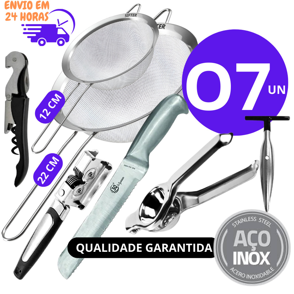 Kit 7 ou 5  peças de Utilidades domesticas Peneira Afiador Espremedor de Limão Furador de Coco.