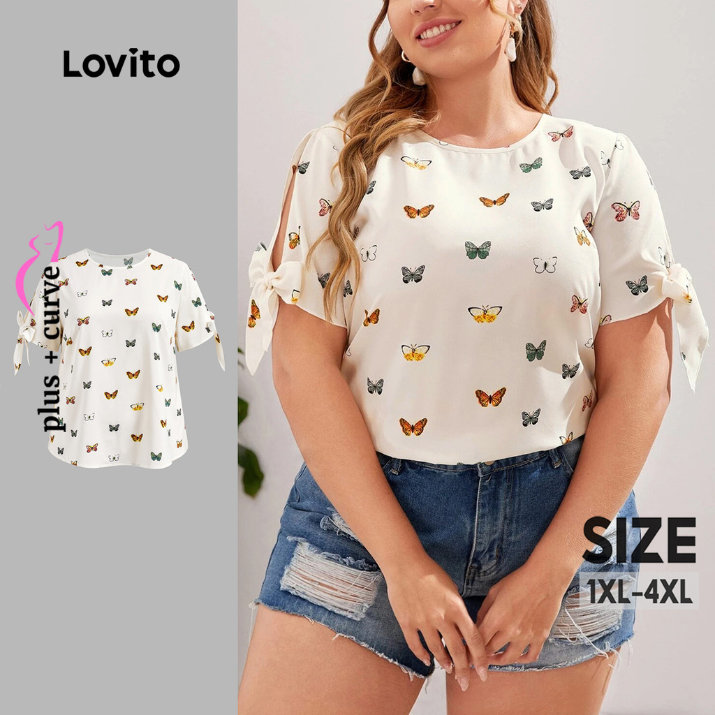 Lovito Blusa Casual Curva Plus Size Borboleta Recortada Blusa Primavera E Verão Para Mulheres LBL22169 - Women Clothes