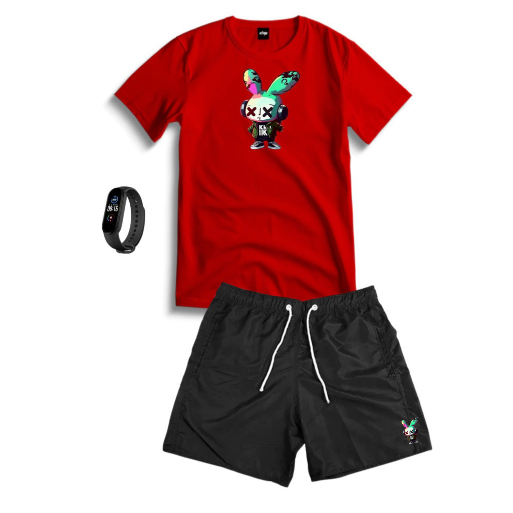 Conjunto Kit Masculino COELHO COLLOR Camisa 100% Algodão + Bermuda Tactel Estampada + Relogio Digita