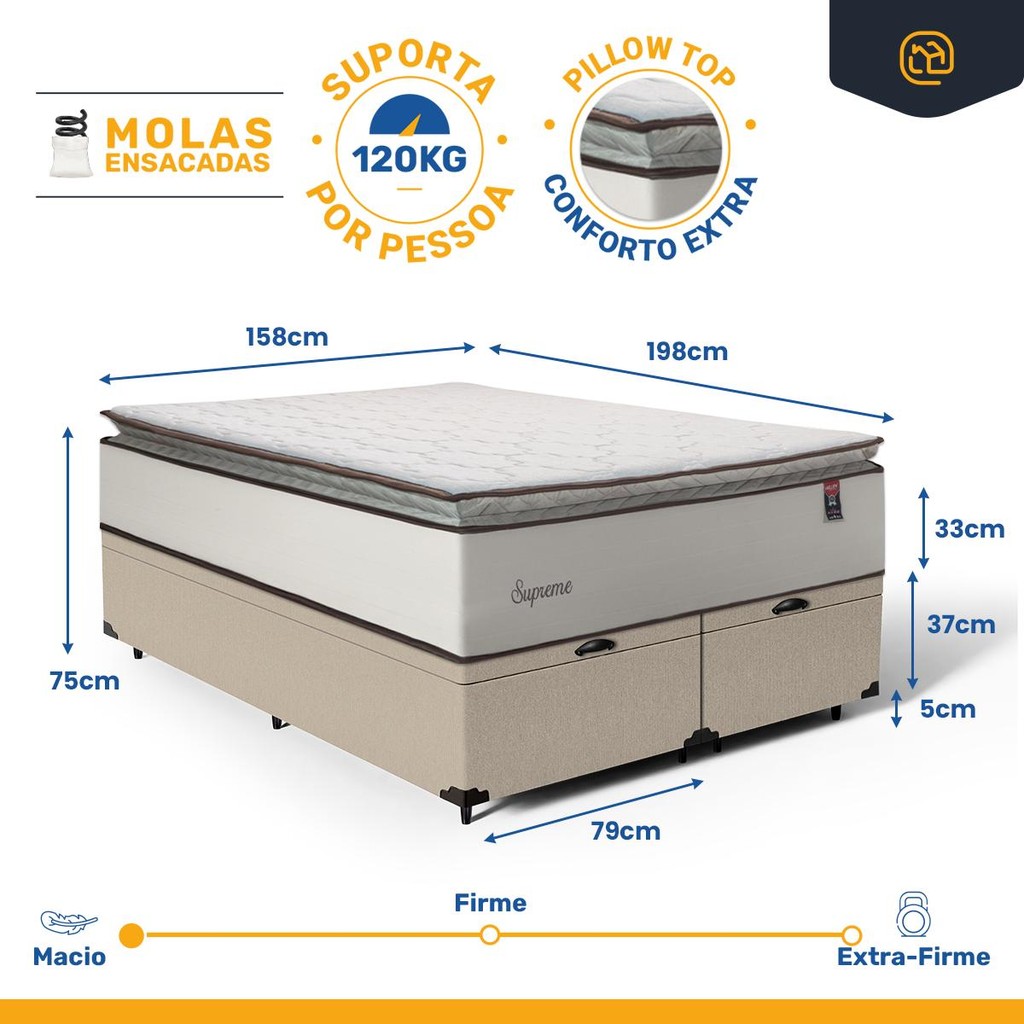 Detalhes do Cama Box Baú com Colchão de Molas Ensacadas Pillow Top Supreme Lux Queen 158cm