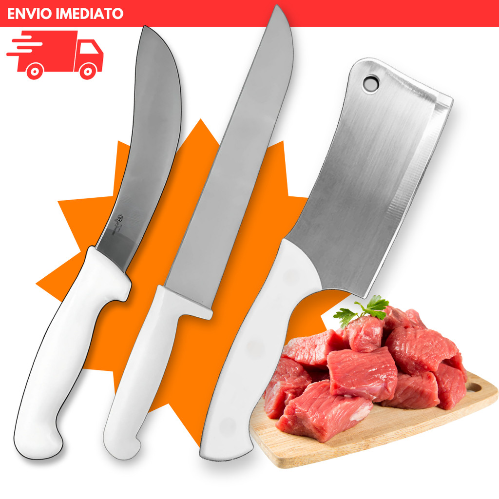 Faca Cutelo 3 Peças Tira Couro + Faca 10'' + Cutelo INOX Açougue Carne