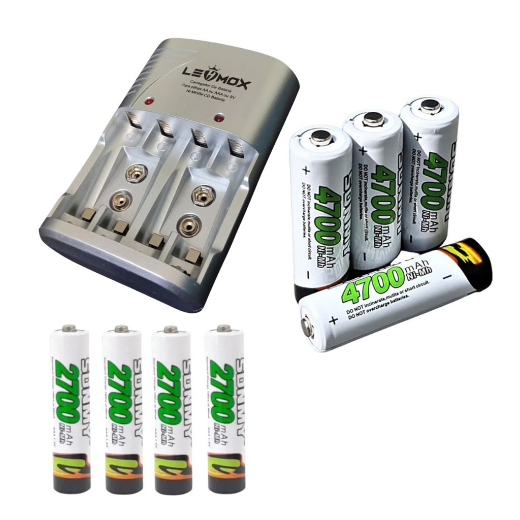 Kit Carregador De Pilhas Rapido Mais Baterias Recarregaveis 4700 E 2700