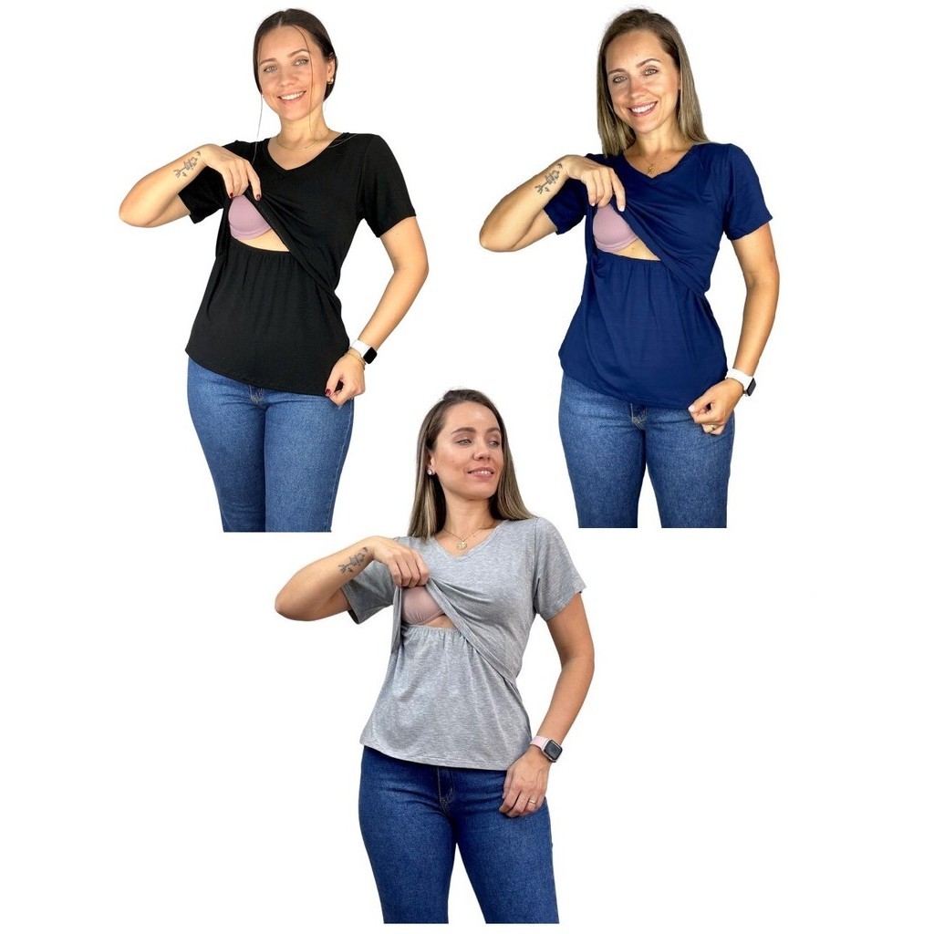 Kit 3 Blusa Amamentação Diversas Cores Viscolycra Premium Manga Curta Gola V Grávida Maternidade em Oferta na Shopee