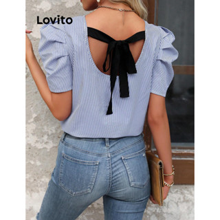 Lovito Boho Blusa Feminina Listrada com Laço Traseiro LBL09257