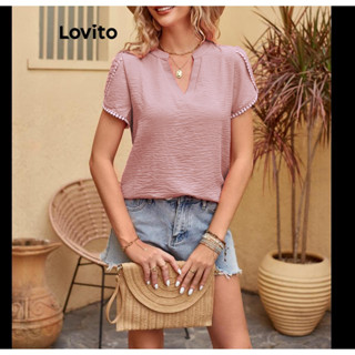 Lovito Casual Blusa Feminina de Renda Lisa Colorblock LNL40122