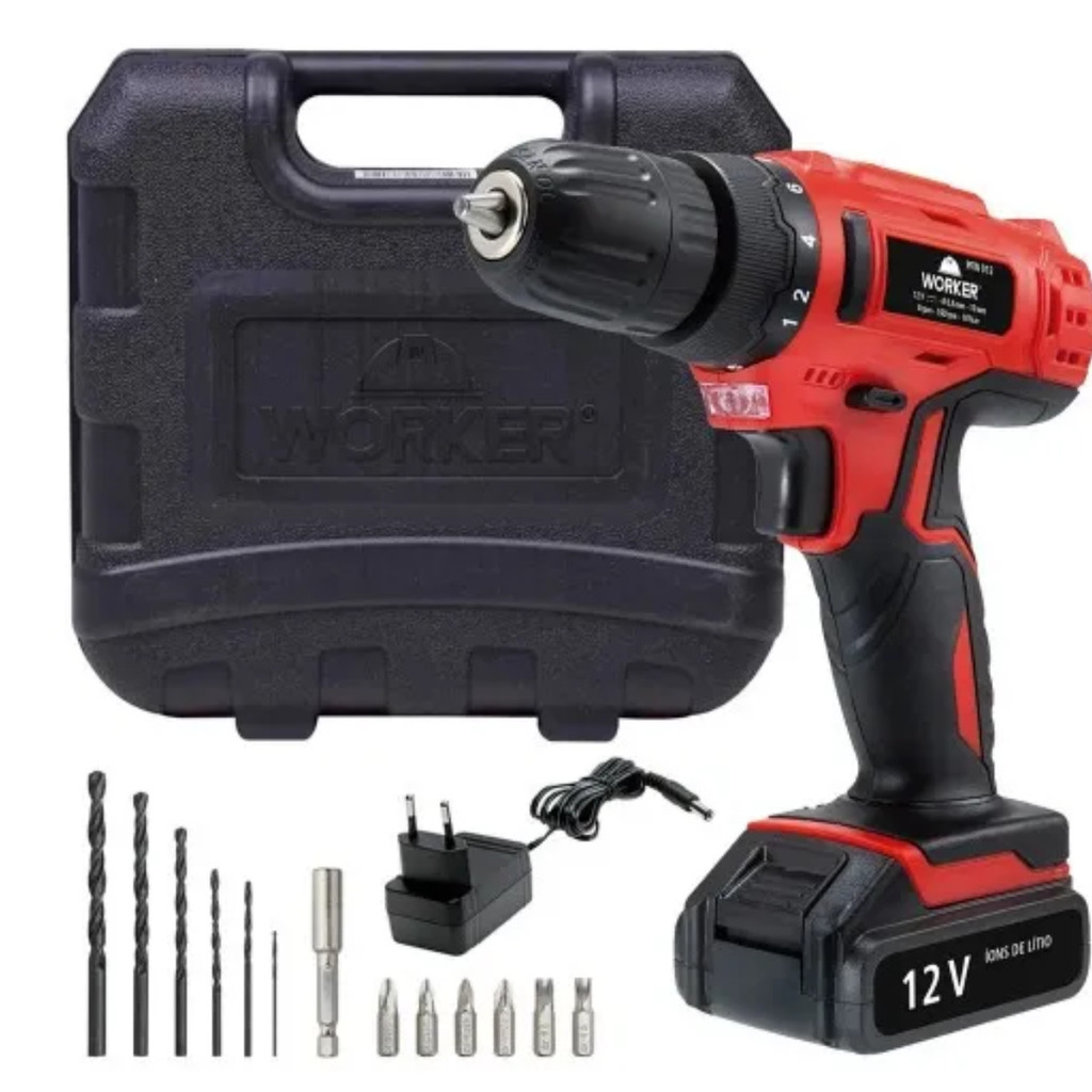 Parafusadeira Furadeira Profissional 12V A Bateria Bivolt Com 13 Peças Brocas E Bits - Worker