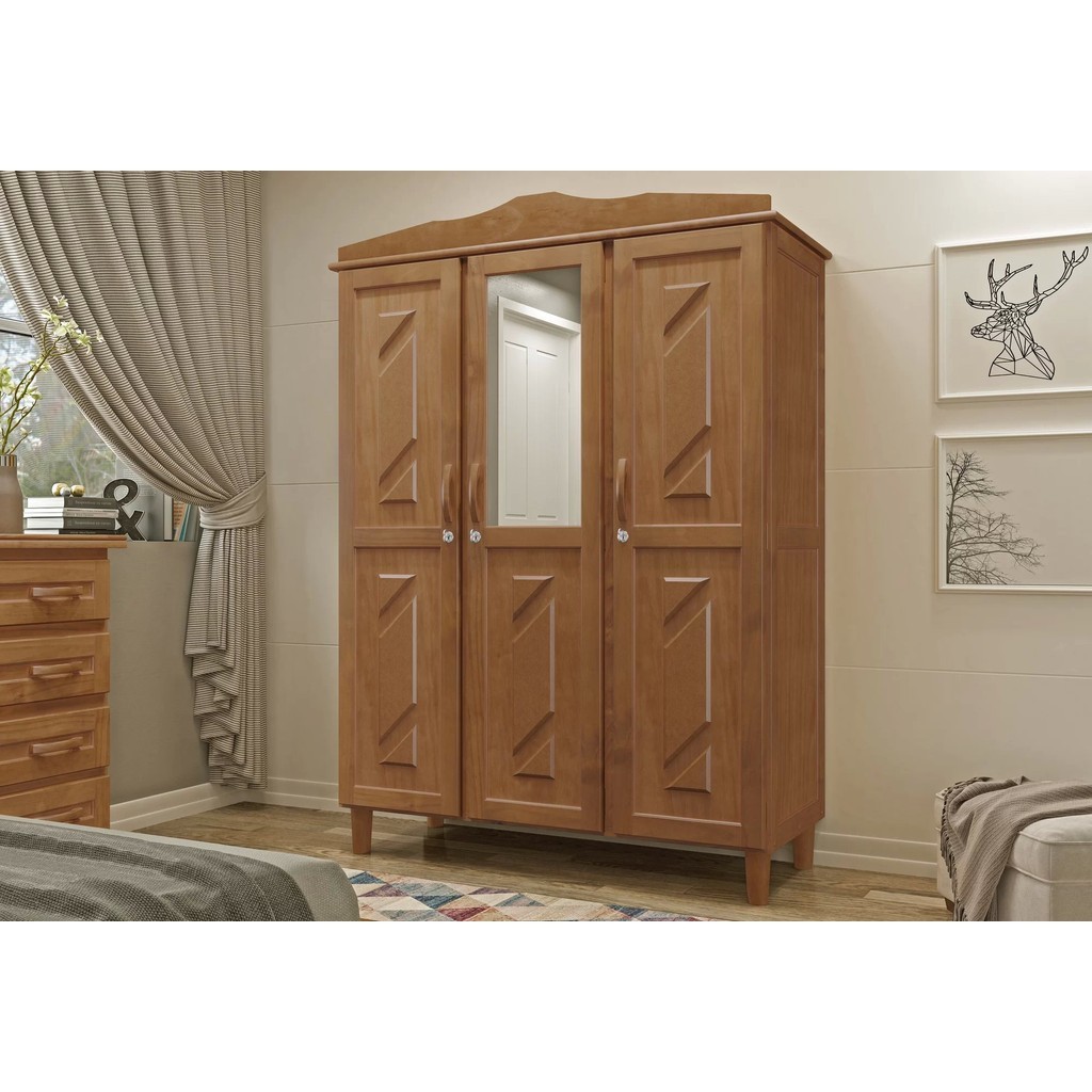 Guarda-Roupa Casal com Espelho 3 Portas 3 Gavetas Brasil  Imbuia em Oferta na Shopee