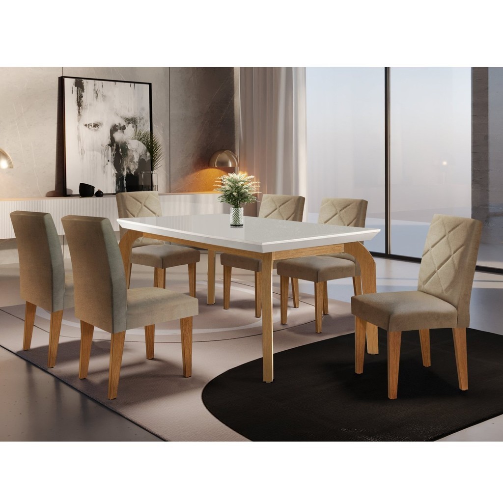 Mesa 180cm Canto Reto Dublin e 6 Cadeiras Irlanda Turim 07/Off White/imbuia