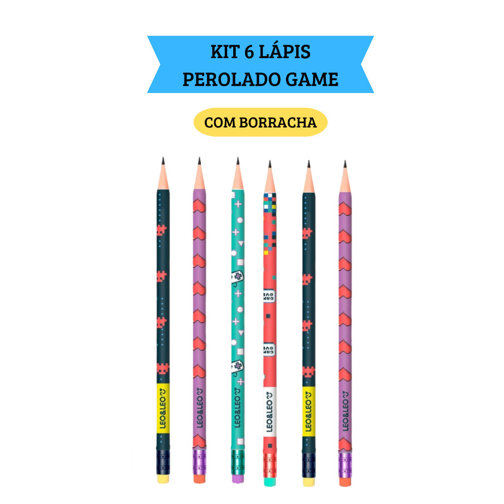 Kit 6 Lápis de Escrever HB Game com Borracha  Escolar  Leo&Leo