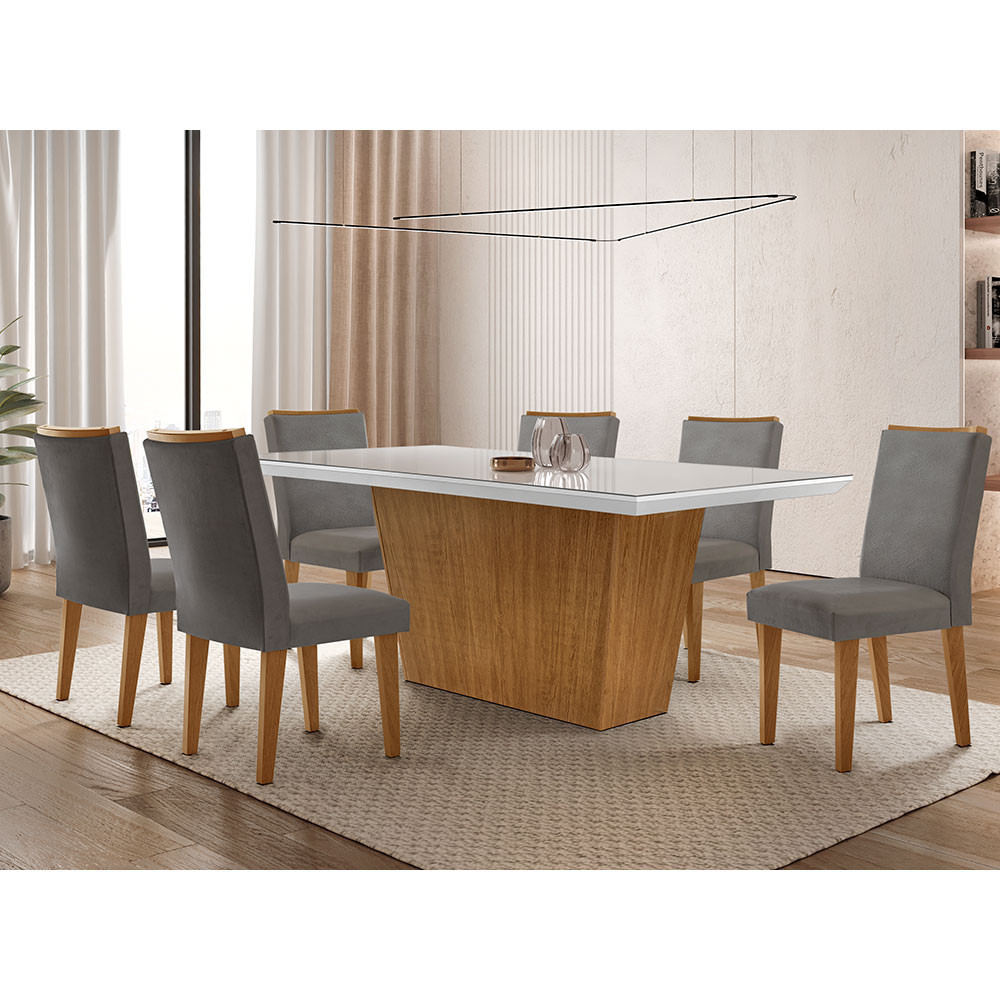 Conjunto Sala de Jantar Mesa Aida 180 cm com Vidro e 6 Cadeiras Lunara em Oferta na Shopee
