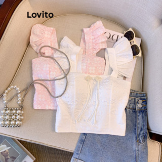 Lovito Casual Regata Feminina Lisa com Babado em Tecido Jacquard Pérolada LNE34080 (Branca/Rosa)