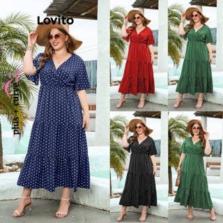Lovito Vestido Elegante Plus Size com Estampa de Poá e Camadas para Mulheres LNL38014 (Vermelho/Verde/Azul/Preto)