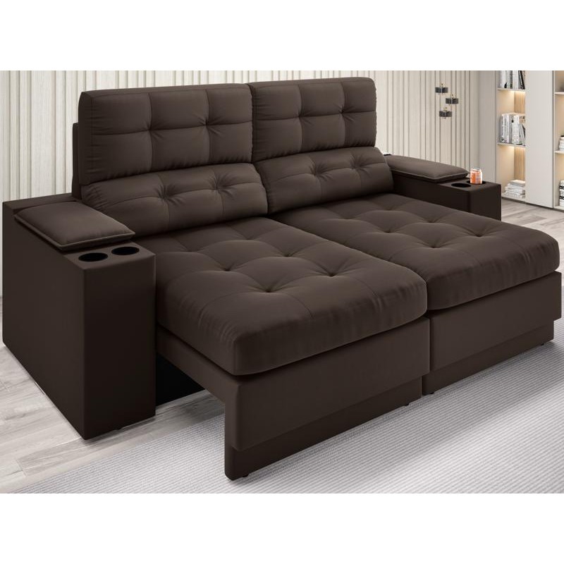 Sofá com Porta Copos e Carregador USB Eureka 1,70m Assento Retrátil e Reclinável Velosuede Chocolate - NETSOFAS - Home & Living