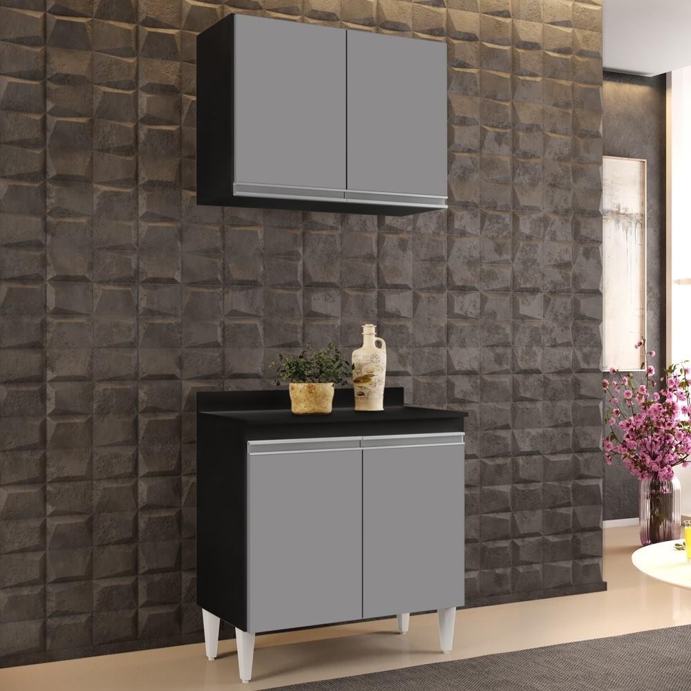 Armário Aéreo Califórnia e Balcão Hawai com Tampo 80cm Preto/Cinza - Lumil em Oferta na Shopee