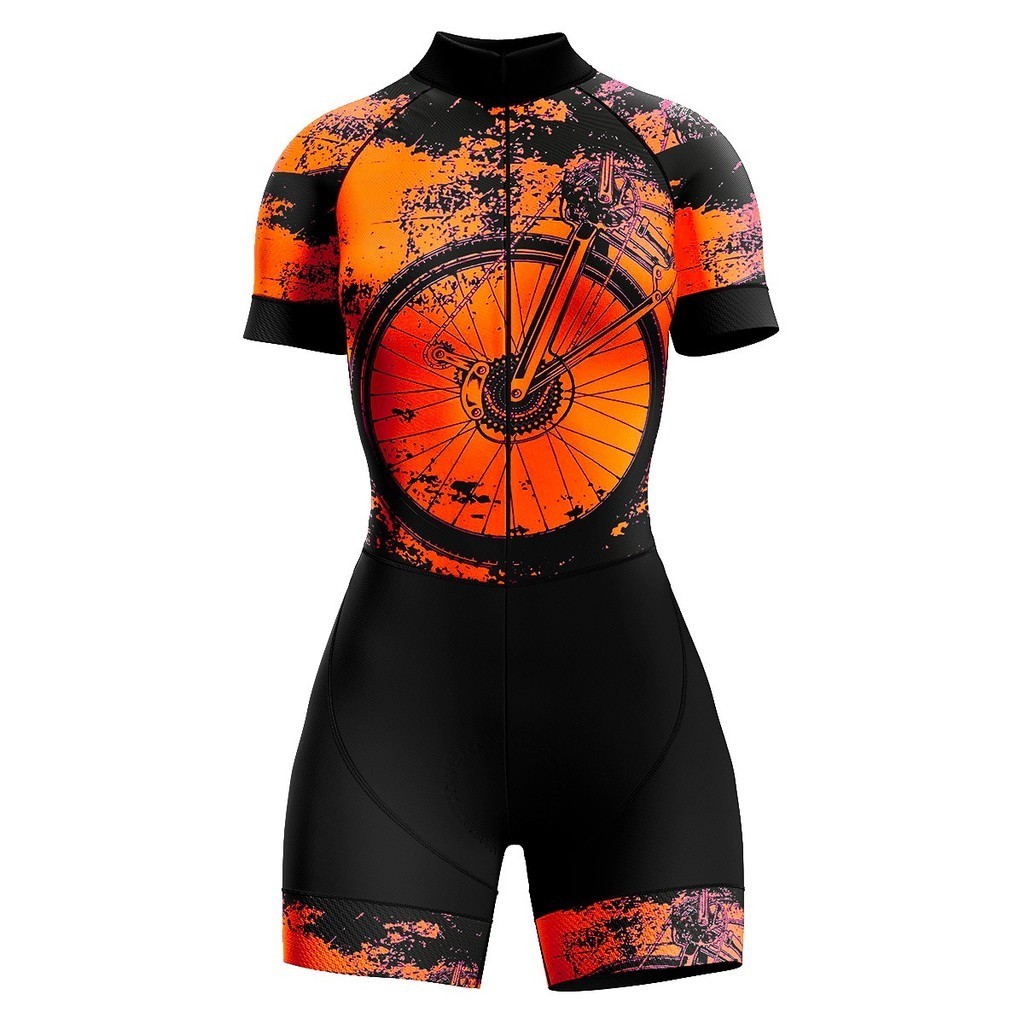 Macaquinho Ciclismo Feminino Profissional Gel Acolchoado UV Proteção MTB Speed Roda Laranja