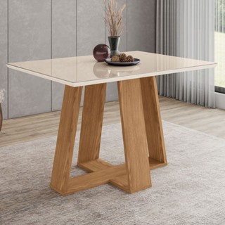 Mesa de Madeira Lins com Vidro Canto Reto Nature/Off White - Henn em Oferta na Shopee