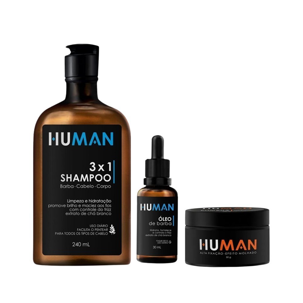 Kit Shampoo 3×1 + Óleo para Barba + Pomada Efeito Molhado Brilho Forte Human 50g