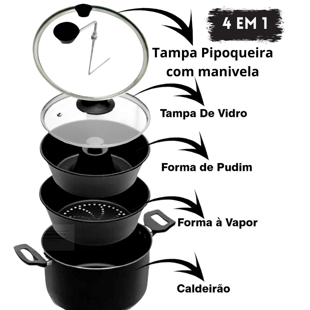 Kit Jogo 4 em 1 Pipoqueira Pudim Banho Maria Caldeirão Panela Legumes no vapor Antiaderente Teflon Tampa de VIdro