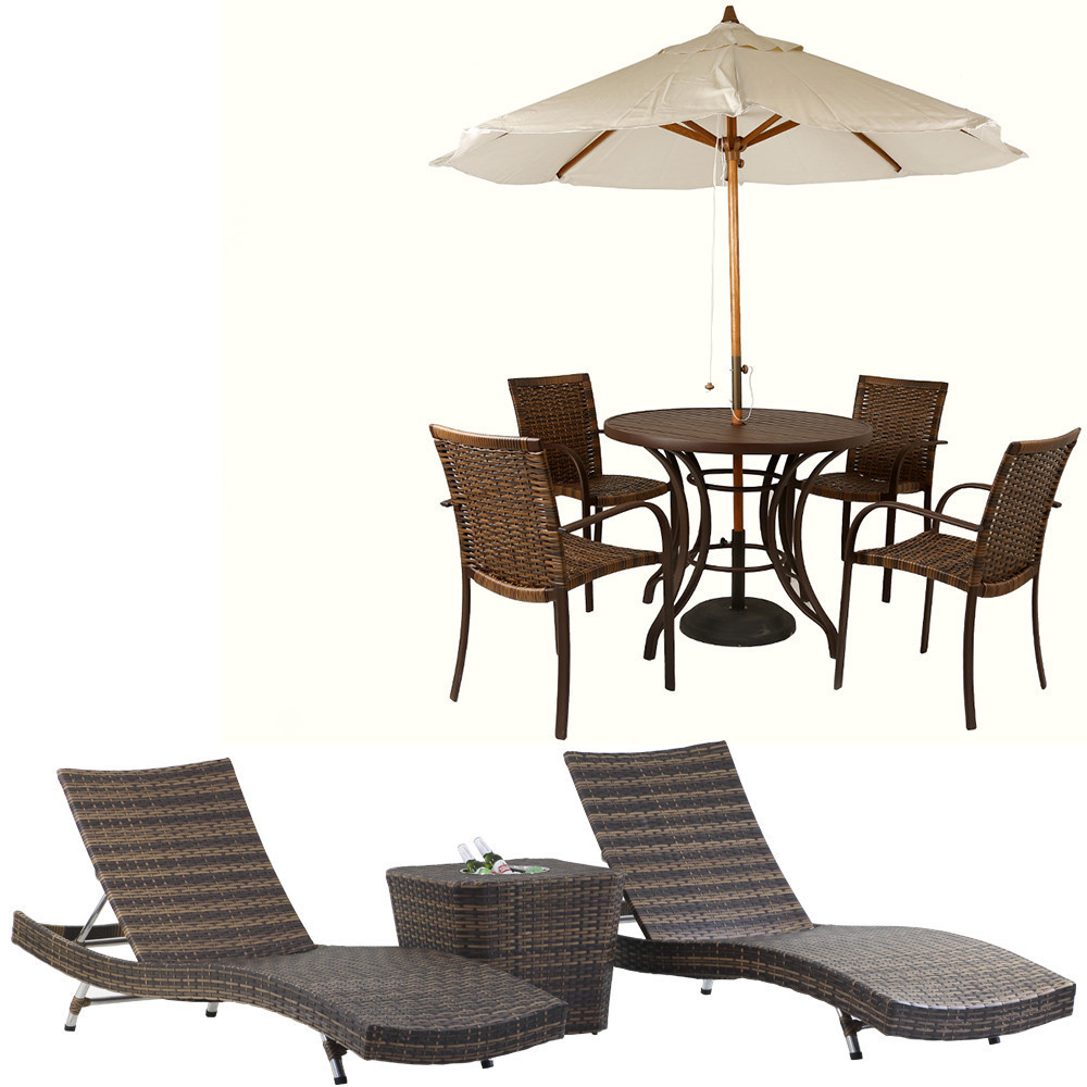 Kit 4 Cadeiras e Mesa Ascoli, 2 Espreguiçadeiras Bona e Mesa com Ombrelone Piscina, Jardim, Área Trama Original