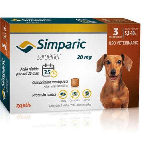 Simparic Antipulgas 20mg para Cachorros de 5,1 Até 10Kg Zoetis 3 comprimidos em Oferta na Shopee