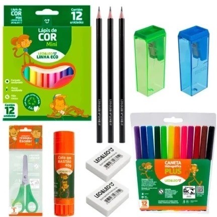 Kit Escola Leo&Leo - Lápis Mini 12 Cores+3 Lápis Escrever+2 Apontador Depósito+Tesoura+Cola Bastão+Canetinhas+2 Borracha
