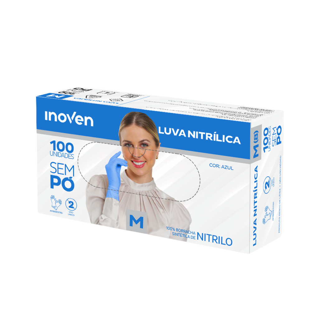 Luva Nitrílica sem Pó Azul M CA 45345 com 100 unidades Inoven