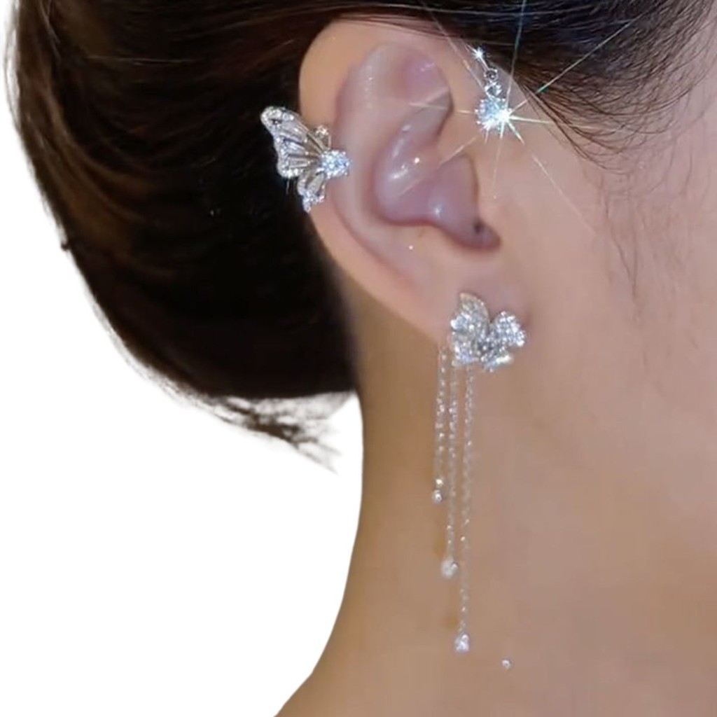 Brinco Estilo EarCuff Prateado Flor Borboletas Luxo Par de Brincos