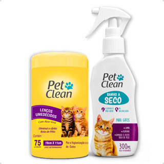 Kit Banho a Seco para Gatos 300ml Pet Clean + Lenço Umedecido Gato 75 unidades em Oferta na Shopee