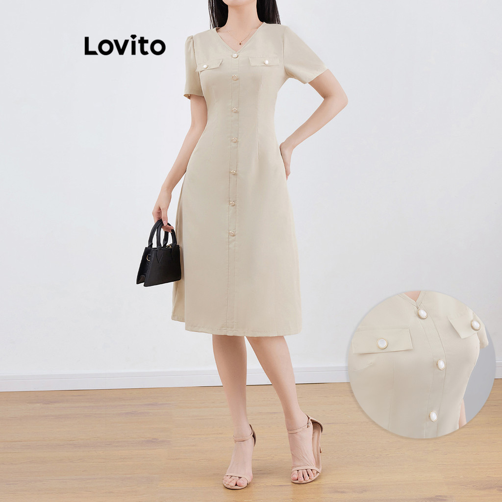 Lovito Vestido Casual liso com zíper e botão para mulheres L121AD1161 - Women Clothes