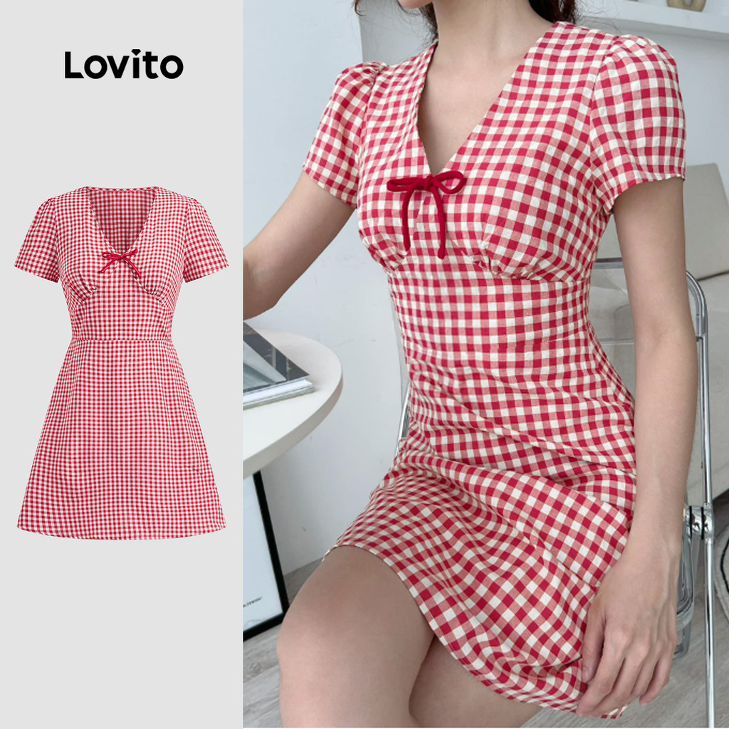Lovito Vestido Casual xadrez com zíper e laço para mulheres L123ED698 - Women Clothes