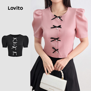 Lovito Blusa elegante com botões e pérolas na frente e laço simples para mulheres L105MD257 em Oferta na Shopee