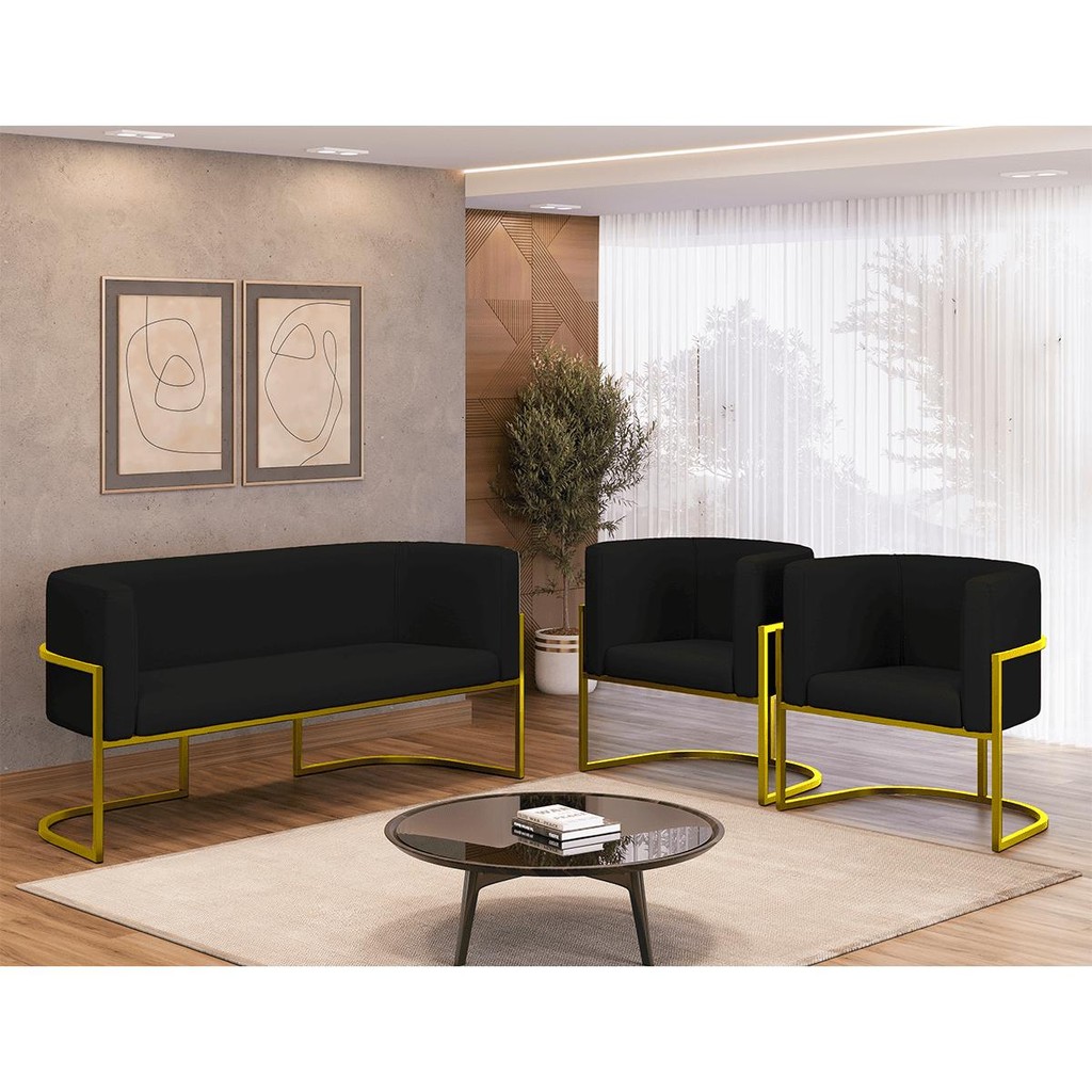Kit Sofá 2 Lugares + 2 Poltronas Corino para Recepção Gold em Oferta na Shopee