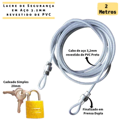 Cabo de Segurança Multiuso 2 Metros Prata + Cadeado - Travel Airport Bolsa Bike GoPro Capacetes