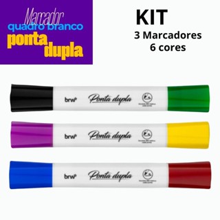 MARCADOR PINCEL CANETÃO PARA QUADRO BRANCO 2 EM 1 PONTA DUPLA KIT 3 UNIDADES 6 CORES - BRW em Oferta na Shopee