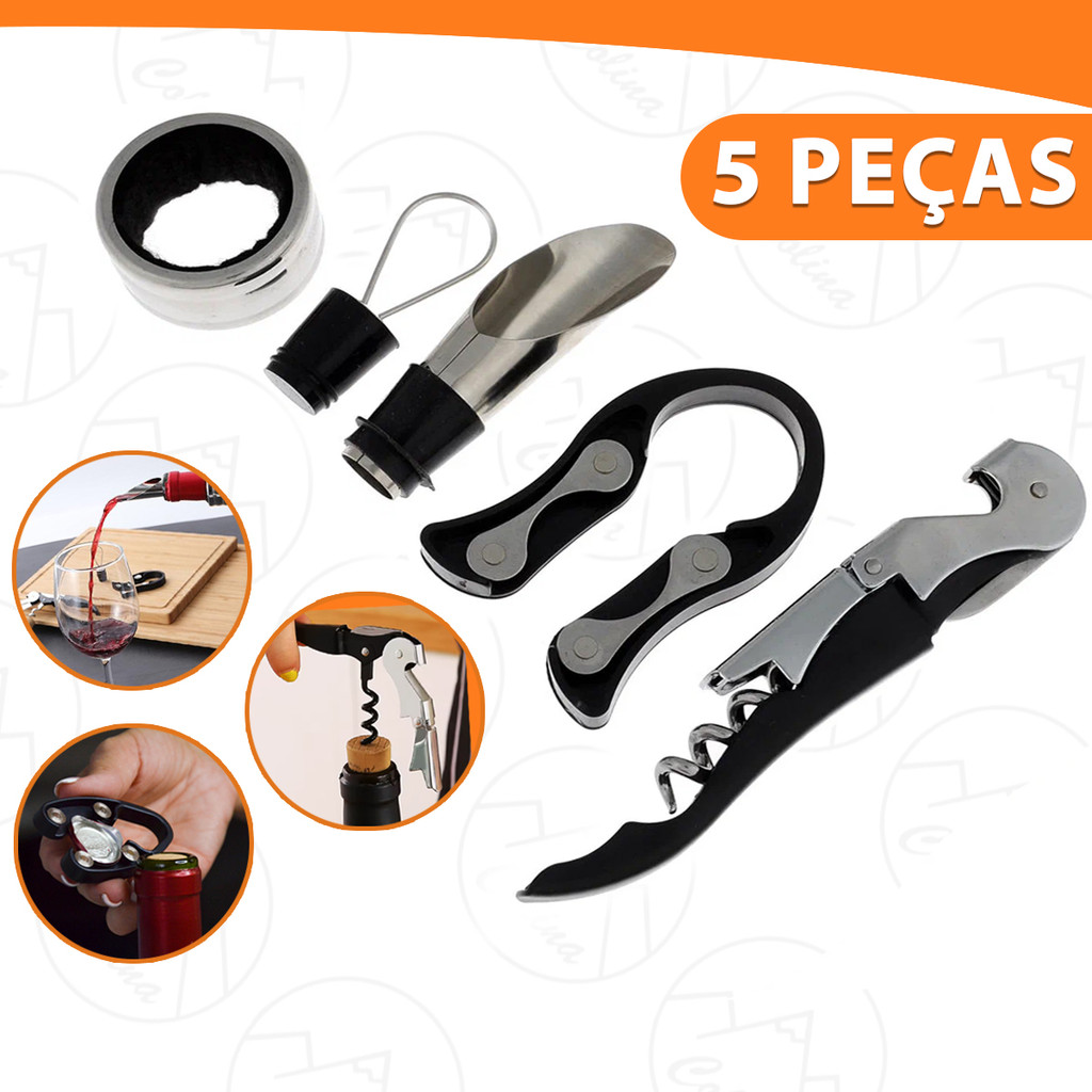 Kit Abridor De Vinho 5 Peças Com Saca Rolha Dosador Corta Lacre Aço Inox
