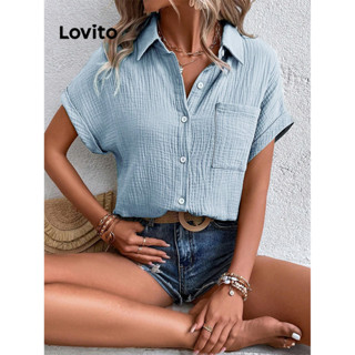 Lovito Boho Blusa Feminina Lisa de Manga Morcego com Bolso e Botão Enfeitado LBL09071