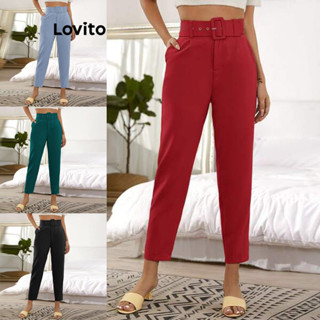 Lovito Elegante Calça Feminina Lisa com Cinto e Bolso LNL39003 (Azul Claro/Vermelho/Verde/Preto)