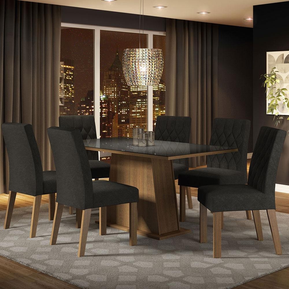 Conjunto Sala de Jantar Mesa Tampo de Vidro 6 Cadeiras Rustic/Preto/Oxford Stéfani Madesa - Home & Living