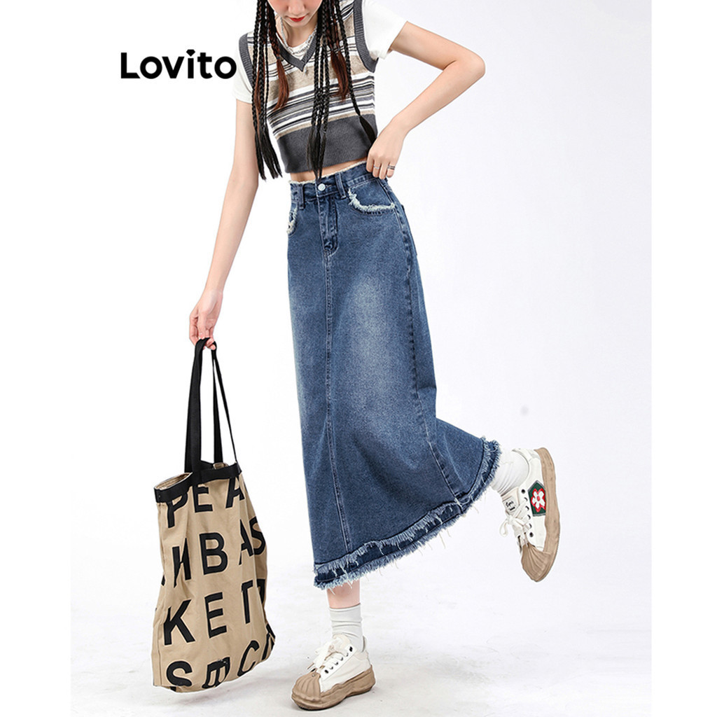 Detalhes do Lovito Saia Feminina Casual Jeans Lisa com Bainha Desfiada Azul LNE29408