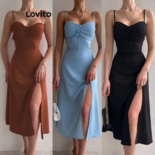 Lovito Elegante Vestido Feminino Liso Plissado com Fenda e Botão Frontal LNL39191 (Marrom/Azul Claro/Preto)