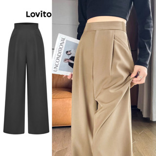 Lovito Casual Calça Feminina Lisa Plissada com Bolso L71ED104 (Preto/Cáqui)
