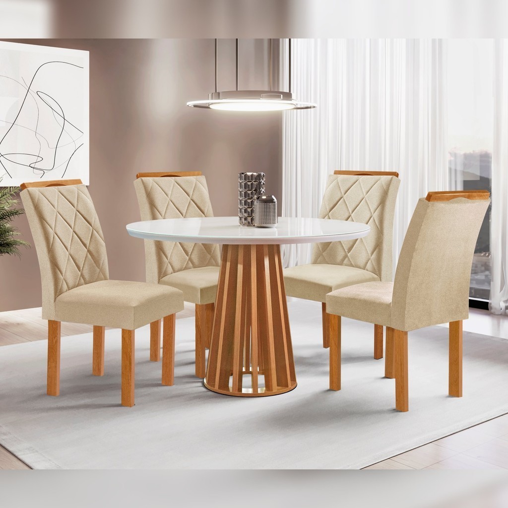 Conjunto Mesa Tampo Redondo Plus Vidro Kansas 100cm 4 Cadeiras Arthus Cinamomo/Off White/Linho em Oferta na Shopee