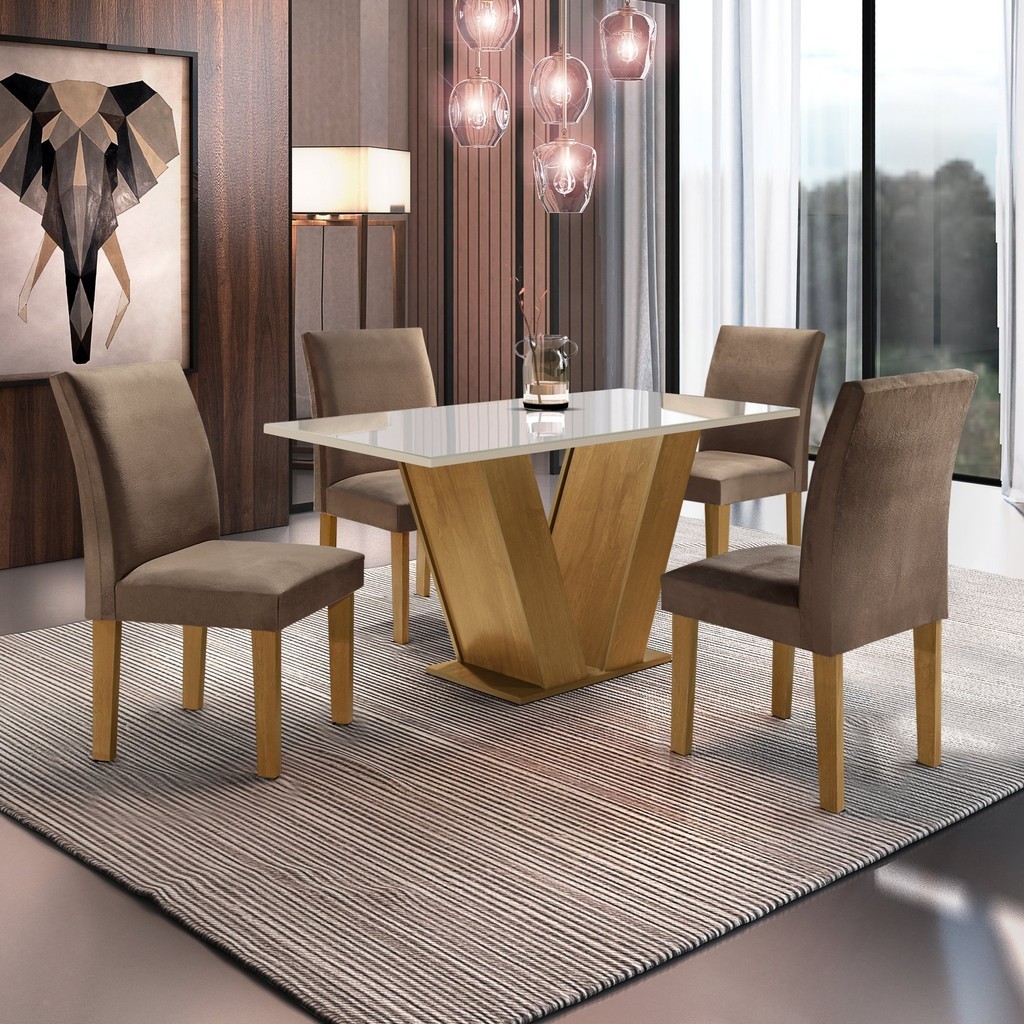 Conjunto Sala de Jantar Mesa Tampo de Vidro 4 Cadeiras Espanha Yescasa Ypê/Off White/Tecido Animale Marrom