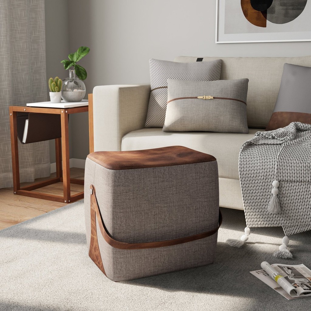 Puff para Sala de Estar em Linho Bag Cinza/Marrom