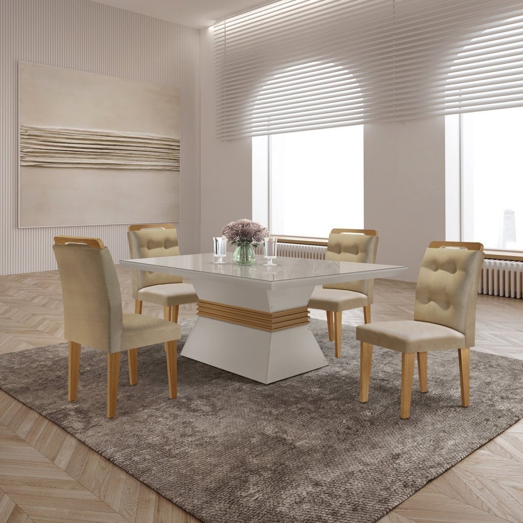 Mesa Clarice 120 Tampo Mdf Vidro/canto Reto 4 Cadeiras Valentina Turim/Off-White/Imbuia - Home & Living