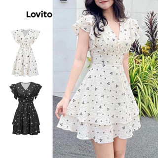 Lovito Casual Vestido Feminino Floral Amarrado de Camada Dupla com Babados L73AD128(Multicolorido)