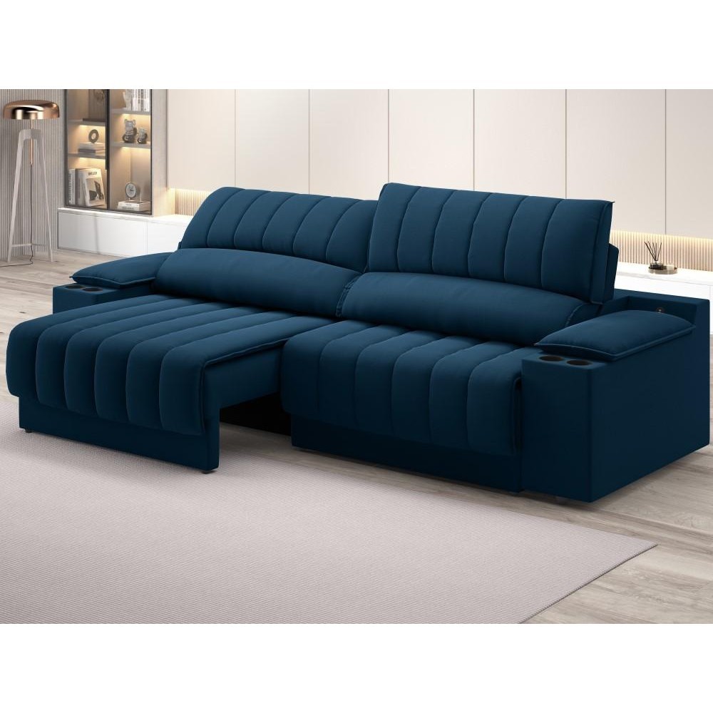 Sofá com Porta Copos Carregador USB Ret Rec Murano 2,00m Velosuede Petróleo - NETSOFAS - Home & Living