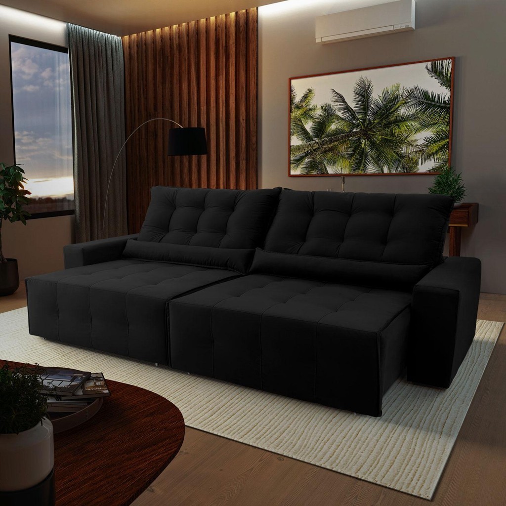 Sofá Retrátil Reclinável Montebello 3,00m Suede Velut Preto  Molas no Assento - King House - Home & Living