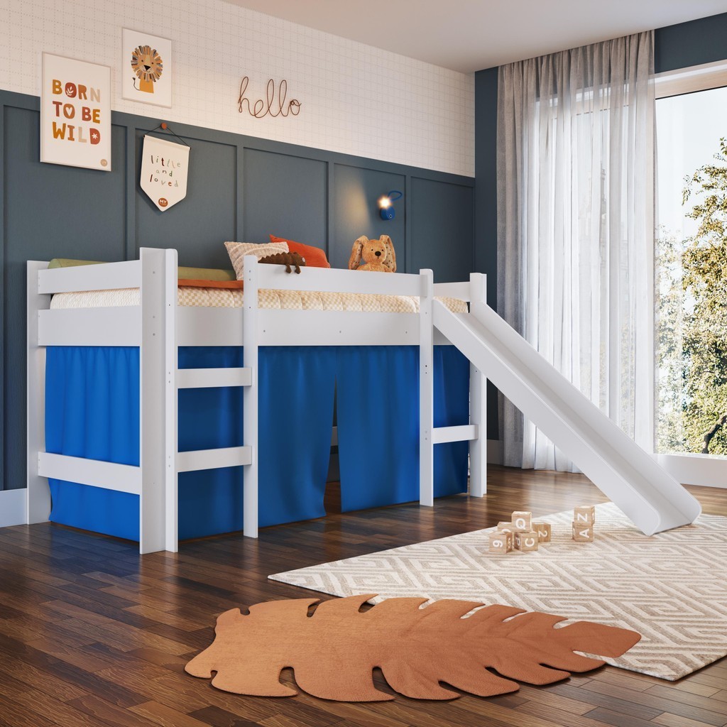 Cama Infantil Elevada Menino Menina Solteiro 202cm com Degrau e Escorregador Branca com Cortina Azul